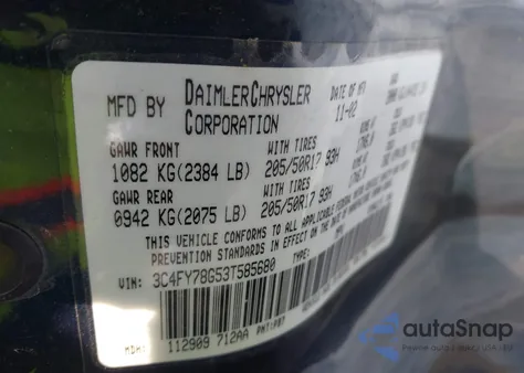 2003 Chrysler Pt Cruiser Gt z USA, uszkodzony, nr VIN 3C4FY78G53T585680